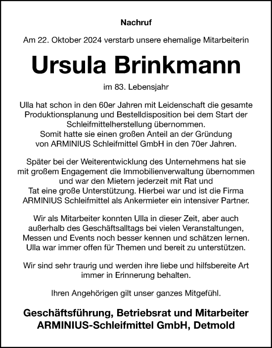 Anzeige  Ursula Brinkmann  Lippische Landes-Zeitung