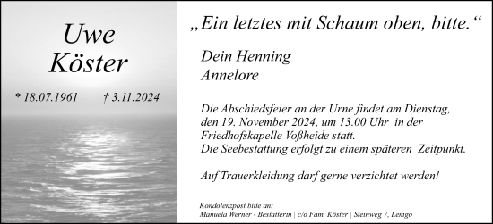 Anzeige  Uwe Köster  Lippische Landes-Zeitung