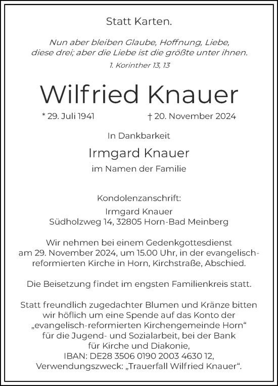 Anzeige  Wilfried Knauer  Lippische Landes-Zeitung