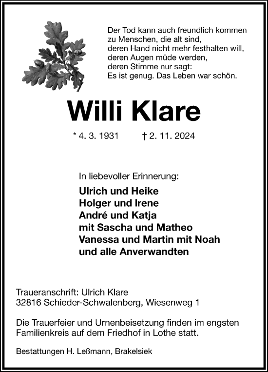 Anzeige  Willi Klare  Lippische Landes-Zeitung