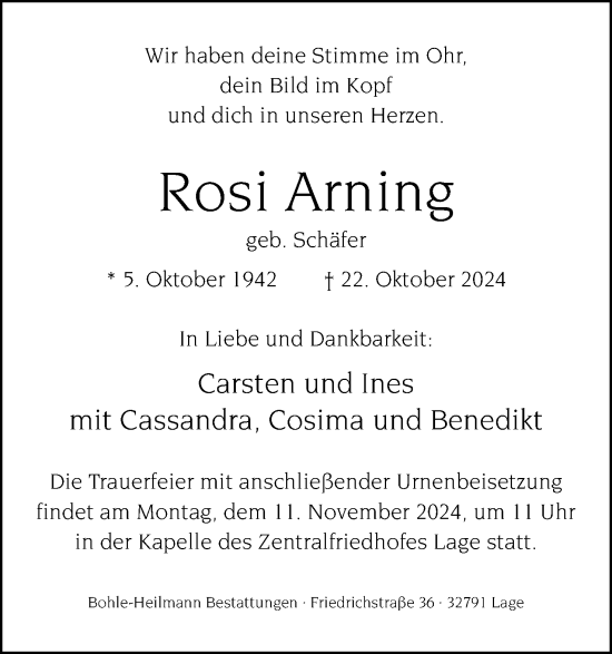 Anzeige  Rosi Arning   Lippische Landes-Zeitung