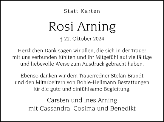 Anzeige  Rosi Arning   Lippische Landes-Zeitung