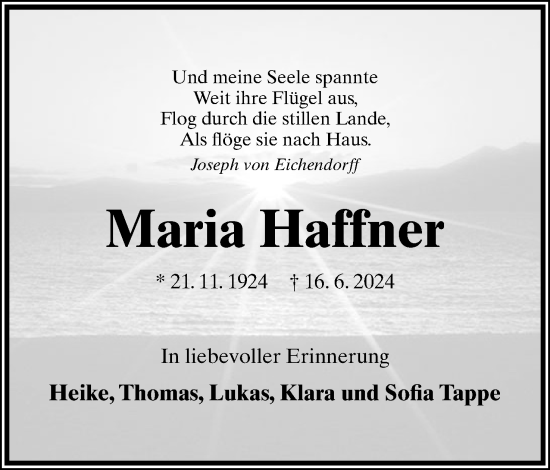 Anzeige  Maria Haffner   Lippische Landes-Zeitung