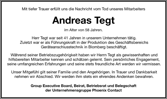 Anzeige  Andreas Tegt  Lippische Landes-Zeitung