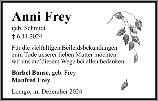 Anzeige  Anni Frey  Lippische Landes-Zeitung