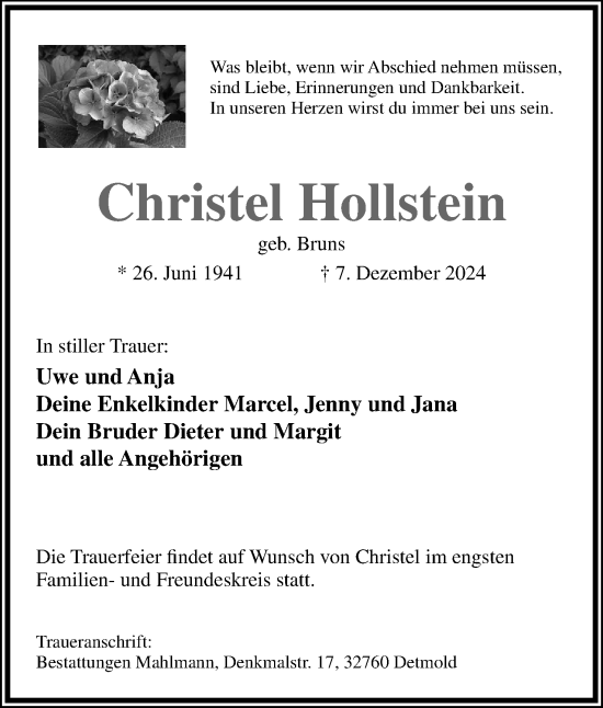 Anzeige  Christel Hollstein  Lippische Landes-Zeitung
