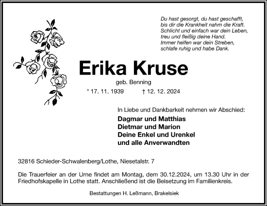 Anzeige  Erika Kruse  Lippische Landes-Zeitung