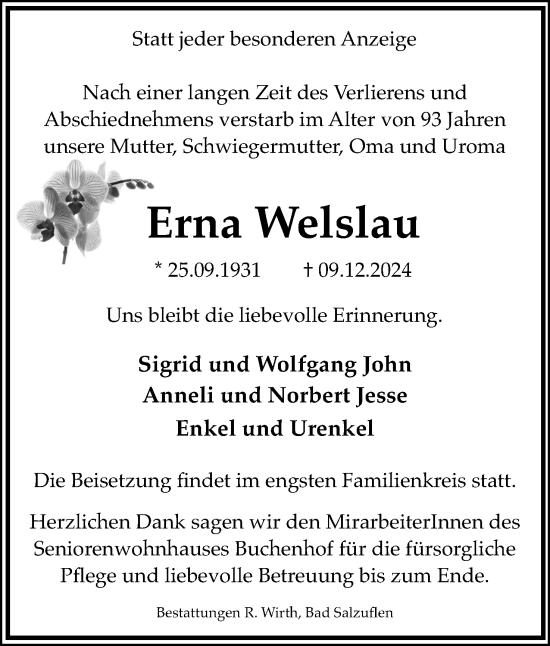 Anzeige  Erna Welslau  Lippische Landes-Zeitung
