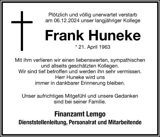 Anzeige  Frank Huneke  Lippische Landes-Zeitung