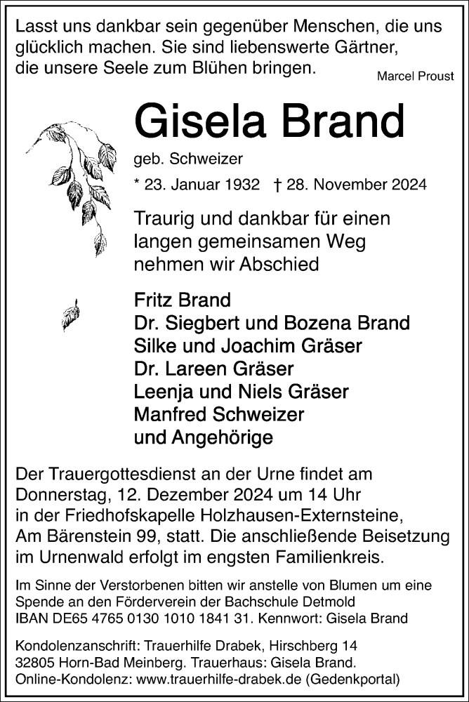  Traueranzeige für Gisela Brand vom 07.12.2024 aus Lippische Landes-Zeitung