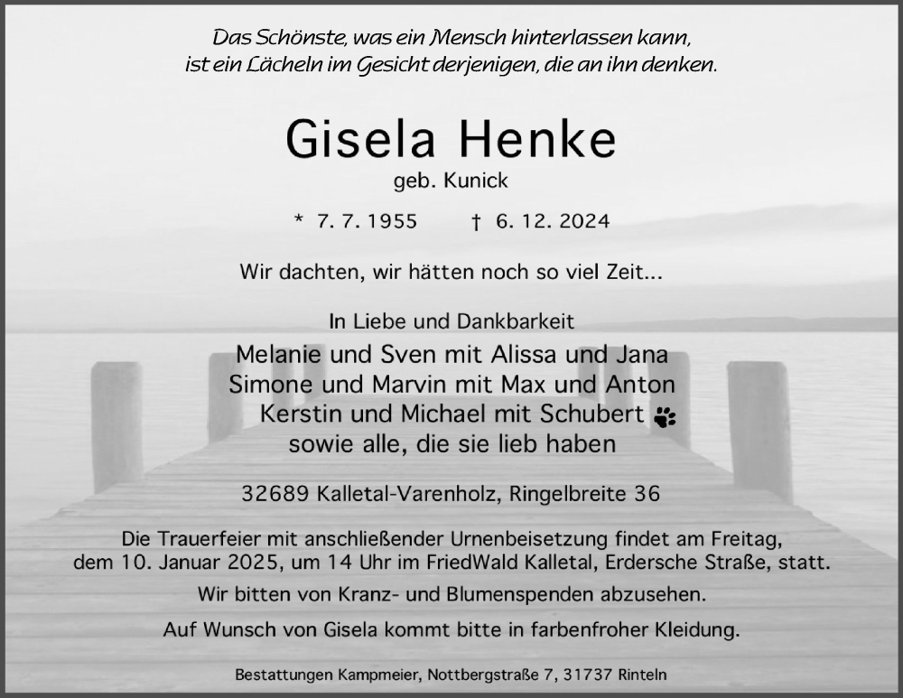  Traueranzeige für Gisela Henke vom 21.12.2024 aus Lippische Landes-Zeitung