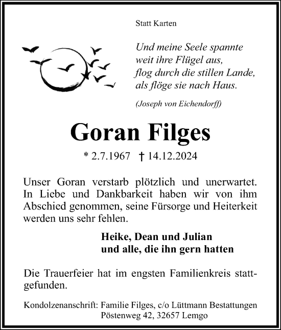 Anzeige  Goran Filges  Lippische Landes-Zeitung