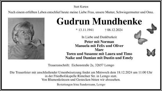 Anzeige  Gudrun Mundhenke  Lippische Landes-Zeitung
