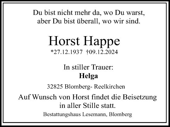 Anzeige  Horst Happe  Lippische Landes-Zeitung