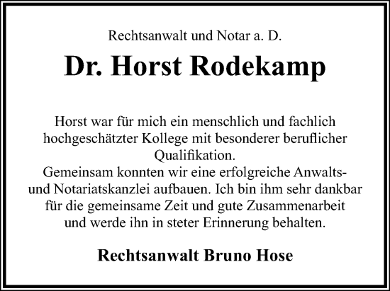 Anzeige  Horst Rodekamp  Lippische Landes-Zeitung