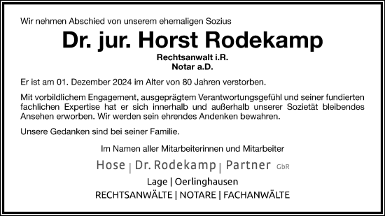 Anzeige  Horst Rodekamp  Lippische Landes-Zeitung