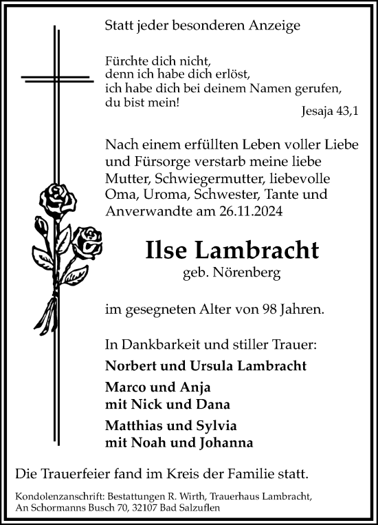 Anzeige  Ilse Lambracht  Lippische Landes-Zeitung
