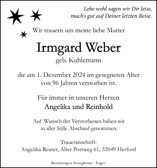 Anzeige  Irmgard Weber  Lippische Landes-Zeitung