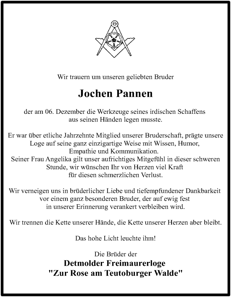  Traueranzeige für Jochen Pannen vom 14.12.2024 aus Lippische Landes-Zeitung