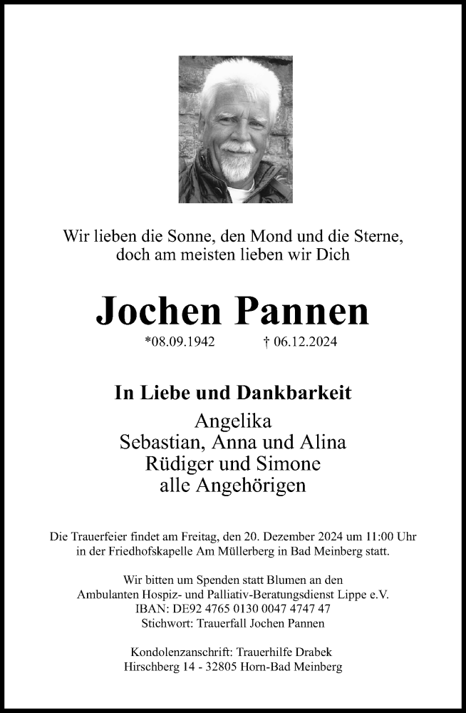  Traueranzeige für Jochen Pannen vom 14.12.2024 aus Lippische Landes-Zeitung