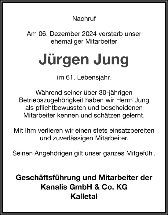 Anzeige  Jürgen Jung  Lippische Landes-Zeitung