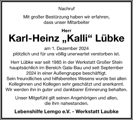 Anzeige  Karl-Heinz Lübke  Lippische Landes-Zeitung