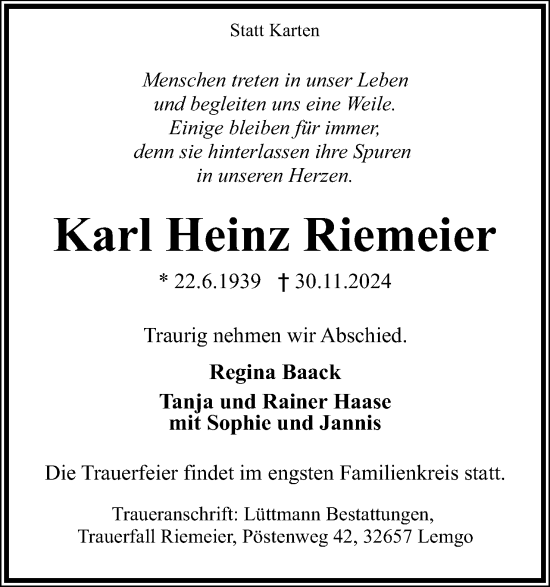 Anzeige  Karl Heinz Riemeier  Lippische Landes-Zeitung