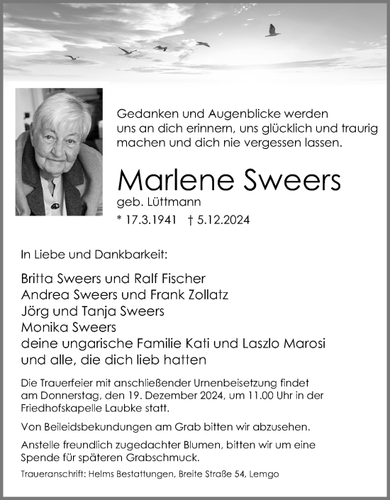Anzeige  Marlene Sweers  Lippische Landes-Zeitung