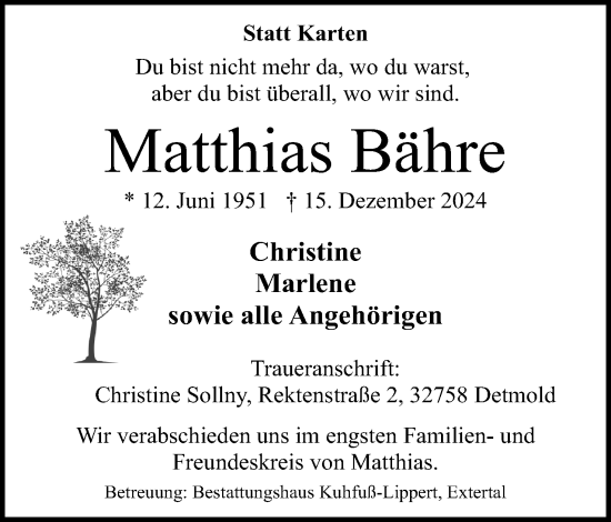 Anzeige  Matthias Bähre  Lippische Landes-Zeitung