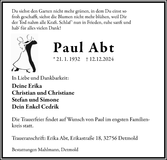 Anzeige  Paul Abt  Lippische Landes-Zeitung