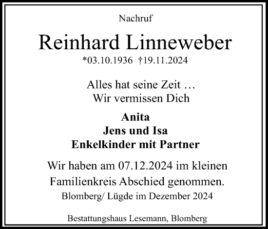 Anzeige  Reinhard Linneweber  Lippische Landes-Zeitung