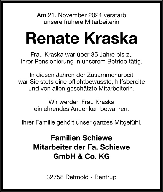 Anzeige  Renate Kraska  Lippische Landes-Zeitung