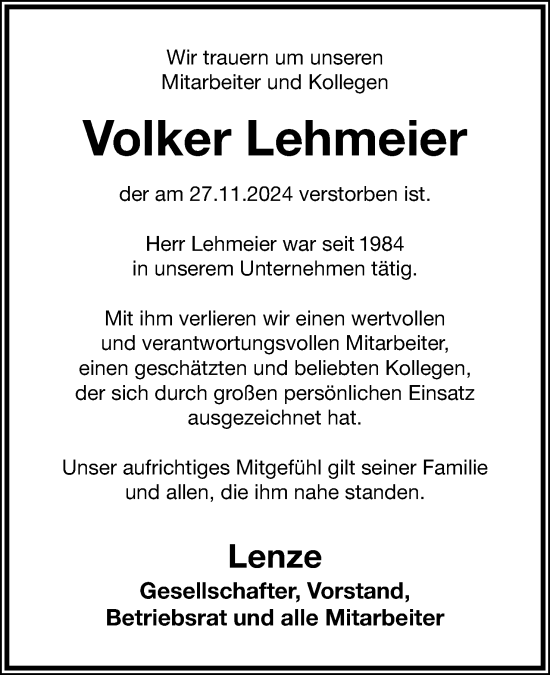 Anzeige  Volker Lehmeier  Lippische Landes-Zeitung