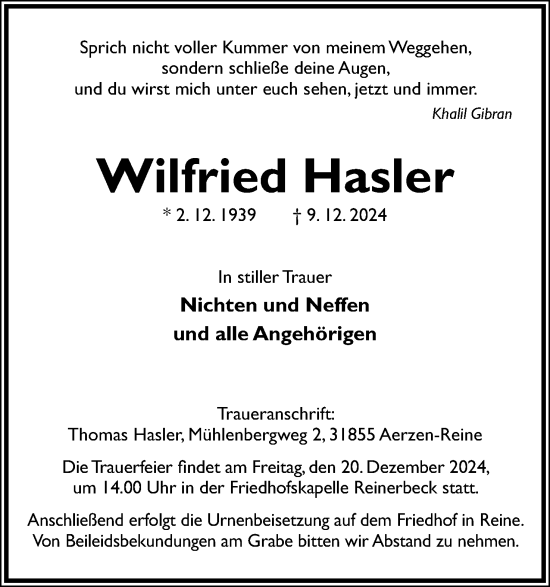 Anzeige  Wilfried Hasler  Lippische Landes-Zeitung