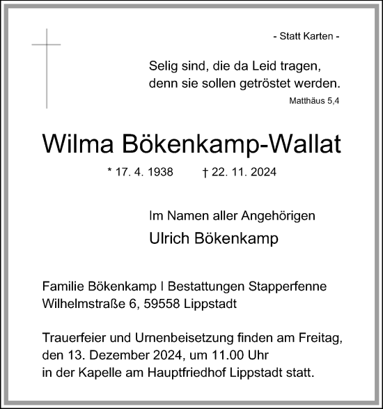 Anzeige  Wilma Bökenkamp-Wallat  Lippische Landes-Zeitung