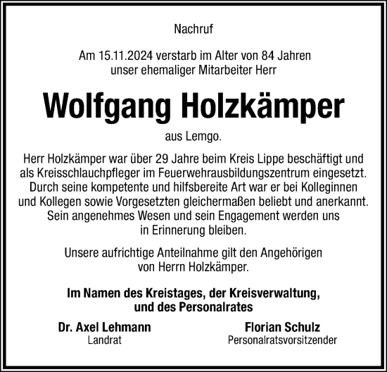 Anzeige  Wolfgang Holzkämper  Lippische Landes-Zeitung