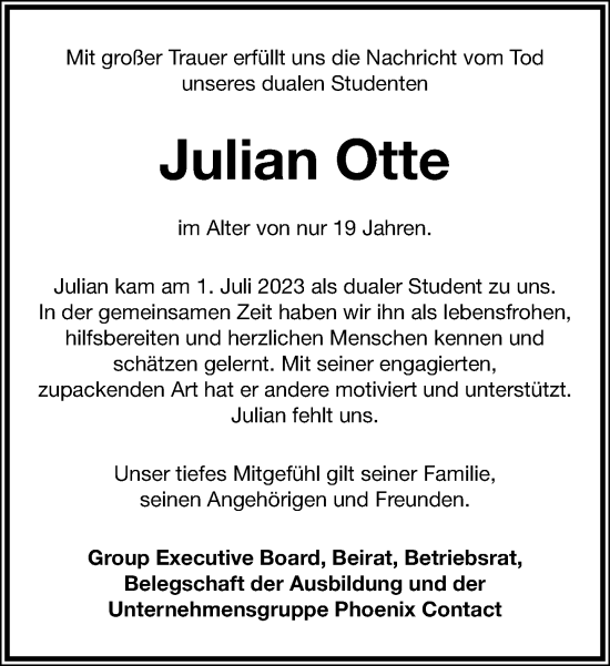 Anzeige  Julian Otte  Lippische Landes-Zeitung