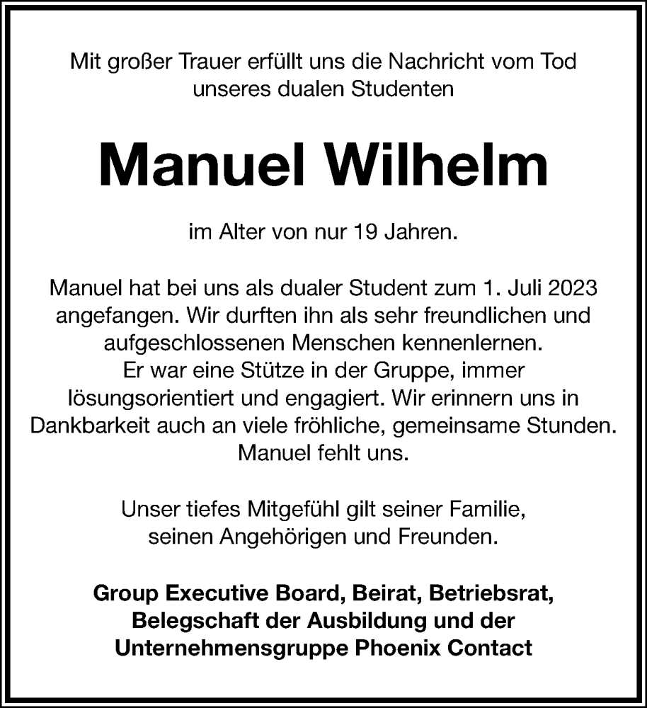  Traueranzeige für Manuel Wilhelm vom 17.02.2024 aus Lippische Landes-Zeitung