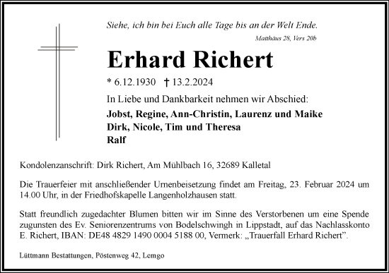 Anzeige  Erhard Richert  Lippische Landes-Zeitung