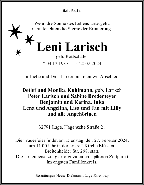 Anzeige  Leni Larisch   Lippische Landes-Zeitung