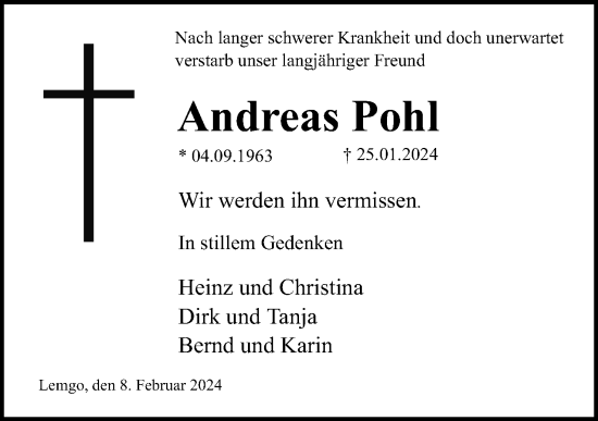 Anzeige  Andreas Pohl  Lippische Landes-Zeitung