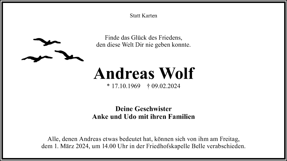  Traueranzeige für Andreas Wolf vom 17.02.2024 aus Lippische Landes-Zeitung