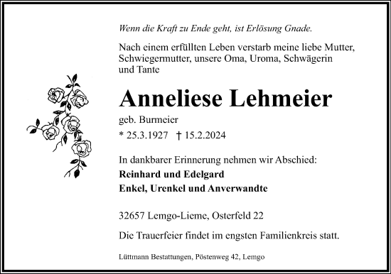 Anzeige  Anneliese Lehmeier  Lippische Landes-Zeitung