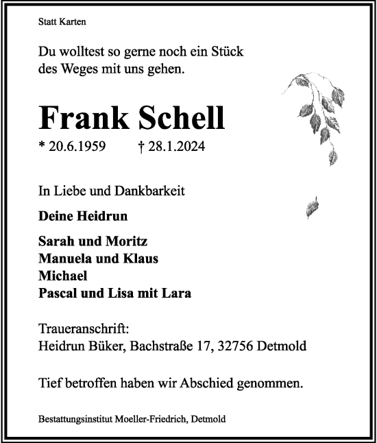 Anzeige  Frank Schell  Lippische Landes-Zeitung
