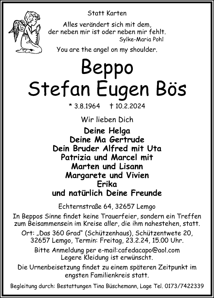  Traueranzeige für Beppo Stefan Eugen Bös vom 17.02.2024 aus Lippische Landes-Zeitung