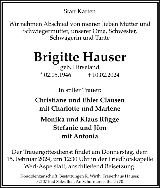 Anzeige  Brigitte Hauser  Lippische Landes-Zeitung