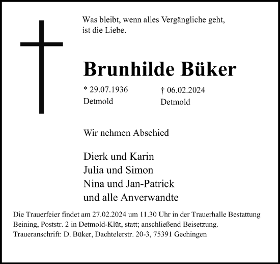 Anzeige  Brunhilde Büker  Lippische Landes-Zeitung