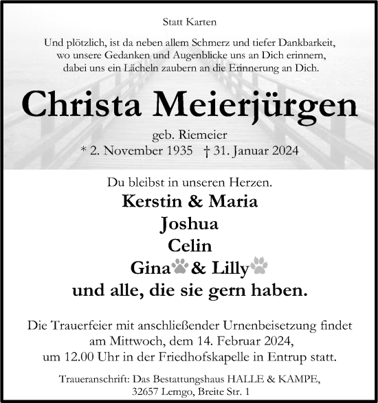 Anzeige  Christa Meierjürgen  Lippische Landes-Zeitung