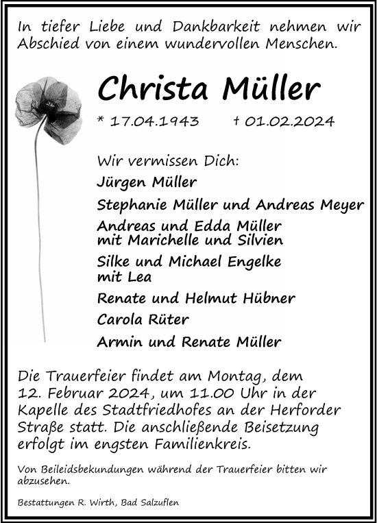 Anzeige  Christa Müller  Lippische Landes-Zeitung