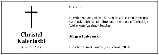 Anzeige  Christel Kalecinski  Lippische Landes-Zeitung